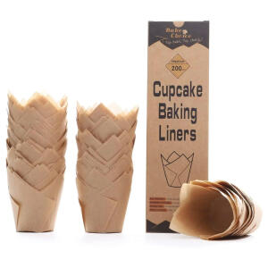 Natural Tulip Cupcake Liners for Baking Cups, 200pcs Unbleached European Parchment Paper Tulip Muffin Liners, Cupcake Wrapper for Christmas, Party