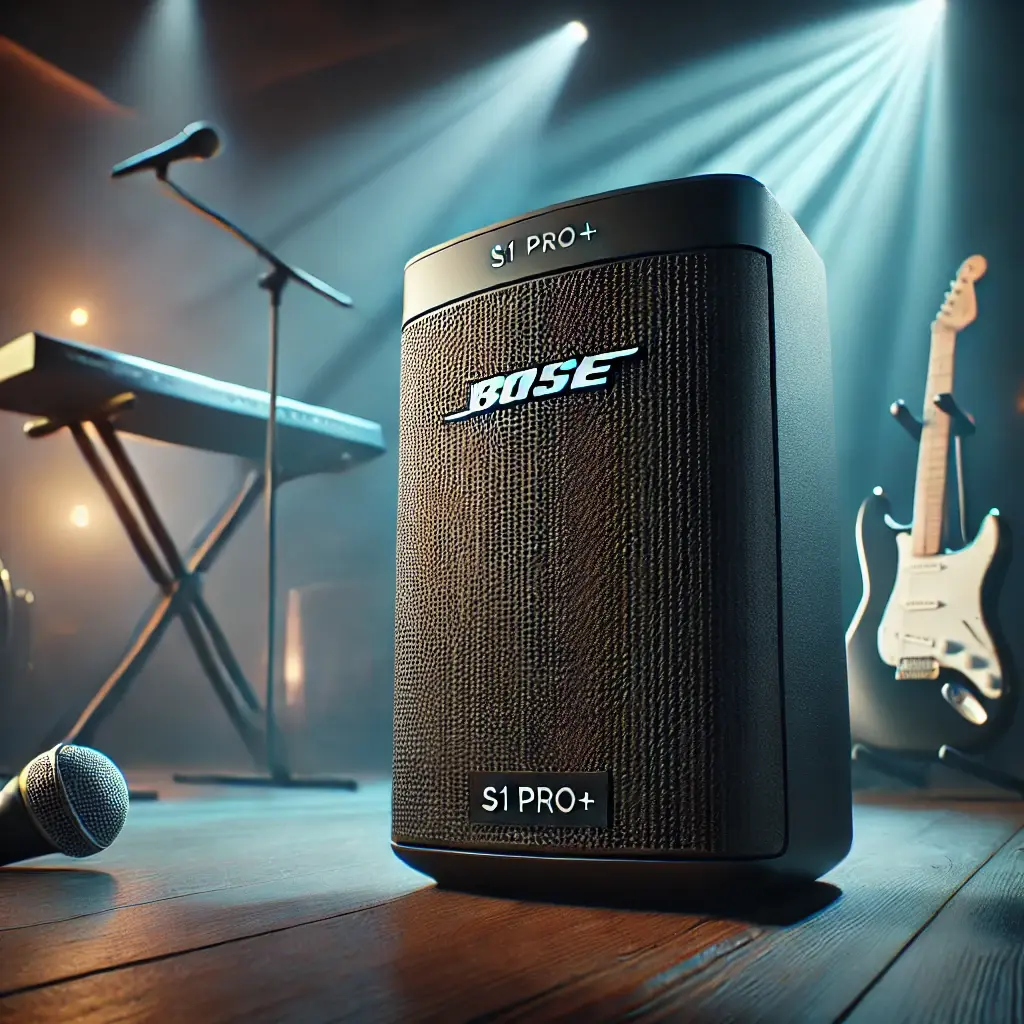 DALL·E 2024-11-05 17.57.54 - A Bose S1 Pro+ Wireless PA System showcased in a stylish setting. The system should be depicted as a compact, portable speaker with a sleek, modern de