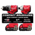 Milwaukee M18 18V Lithium-Ion Brushless Cordless Compact Drill/Impact Combo Kit (2-Tool) w/(2) 2.0 Ah Batteries, Charger & Bag