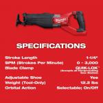 Milwaukee(Tool-Only) M18 FUEL 18V Lithium-Ion Brushless Cordless Super SAWZALL Orbital Reciprocating Saw