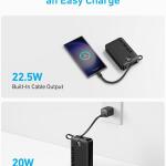 Anker Power Bank Battery Pack, 20,000mAh 22.5W High Speed Charging Portable Charger with Built-in USB C Cable, 1 USB-C, 1 USB-A