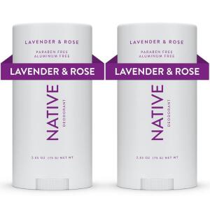 Native Deodorant (Lavender & Rose, 2 Pack): 72-hour odor control, aluminum-free, with baking soda, coconut oil, and shea butter. Suitable for all.