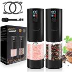 Electric Salt & Pepper Grinder Set, USB Rechargeable, Large Capacity, LED Display & Lights, Adjustable Coarseness, 2-Pack (Black)