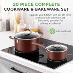 NutriChef 20-Piece Nonstick Cookware & Bakeware Set - PFOA/PFOS-Free, Heat-Resistant, with Pots, Pans, Lids & Utensils - Brown