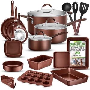 NutriChef 20-Piece Nonstick Cookware & Bakeware Set - PFOA/PFOS-Free, Heat-Resistant, with Pots, Pans, Lids & Utensils - Brown