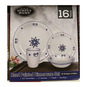 Simply Home Hand Painted Dinnerware Set 16 pcs Floral White Navy