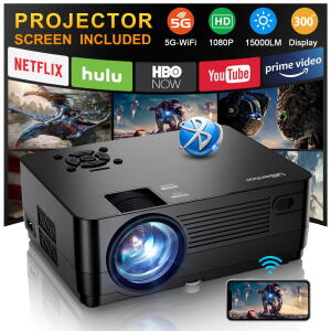 UBantor 5G WiFi 1080P Projector Full HD, 300" Display, Bluetooth, 4K Support, Projector Screen Included