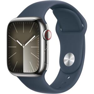 Apple Watch Series 9 Smartwatch with Silver Stainless Steel Case with Storm Blue Sport Band S/M