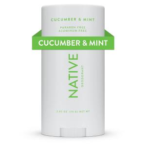 Native Deodorant (Cucumber & Mint): 72-hour odor control, aluminum-free, with baking soda, coconut oil, and shea butter. Suitable for all.