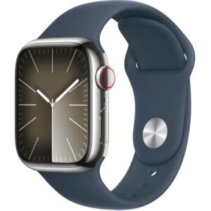 Apple Watch Series 9 Smartwatch with Silver Stainless Steel Case with Storm Blue Sport Band S/M