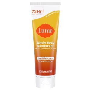 Lume Whole Body Deodorant, Toasted Coconut, 3.0 ounce, Invisible Cream Tube, 72 Hour Odor Control, Aluminum Free, Baking Soda Free, Skin Safe