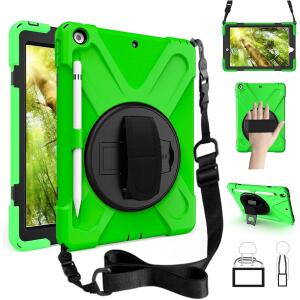 ZenRich Rugged Shockproof Case for iPad 9th/8th/7th Generation 10.2 inch (2021), with Pencil Holder, Rotating Hand Strap, Stand, Shoulder Strap, and Screen Protector (A-Green)