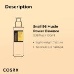 COSRX Snail Mucin 96% Power Repairing Essence, 3.38 fl. oz (100ml) hydrating serum with snail secretion filtrate, designed for dull skin and fine lines, Korean skincare.