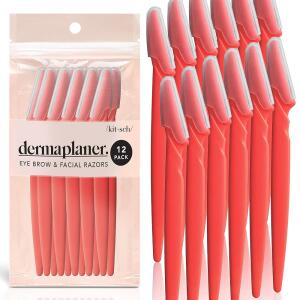 Kitsch Dermaplaning Tool (12 pc, Coral): Face razors for men and women, ideal for eyebrow trimming and facial hair removal. Perfect for smooth skin.