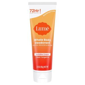 Lume Whole Body Deodorant, Clean Tangerine, 3.0 ounce, Invisible Cream Tube, 72 Hour Odor Control, Aluminum Free, Baking Soda Free, Skin Safe