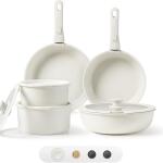 CAROTE Pots and Pans Set Non Stick, Cookware Sets Nonstick, 11pcs Kitchen Set, Oven Safe, Induction Ready, Stackable Nonstick Set with Removable Handle ( Cream White)