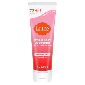 Lume Whole Body Deodorant, Peony Rose, 3.0 ounce, Invisible Cream Tube, 72 Hour Odor Control, Aluminum Free, Baking Soda Free, Skin Safe