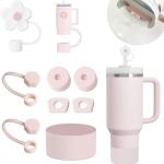 Stanley Cup Accessories Set: Includes 6 silicone spill proof stoppers, 2 straw cover caps for 9 to 10 mm straws, and 1 silicone boot, all in Rose Quartz