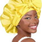 YANIBEST Satin Bonnet Silk Bonnet, Yellow, for Sleeping Double Layer Satin Lined Hair Bonnet with Tie Band, for Women Curly Hair