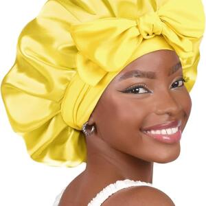 YANIBEST Satin Bonnet Silk Bonnet, Yellow, for Sleeping Double Layer Satin Lined Hair Bonnet with Tie Band, for Women Curly Hair