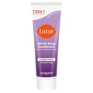 Lume Whole Body Deodorant, Lavender Sage, 3.0 ounce, Invisible Cream Tube, 72 Hour Odor Control, Aluminum Free, Baking Soda Free, Skin Safe