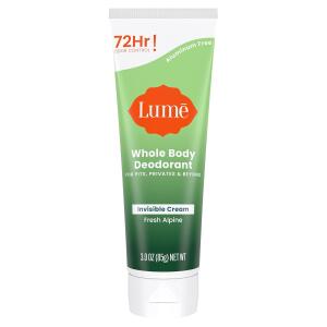 Lume Whole Body Deodorant, Fresh Alpine, 3.0 ounce, Invisible Cream Tube, 72 Hour Odor Control, Aluminum Free, Baking Soda Free, Skin Safe