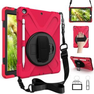 ZenRich Rugged Shockproof Case for iPad 9th/8th/7th Generation 10.2 inch (2021), with Pencil Holder, Rotating Hand Strap, Stand, Shoulder Strap, and Screen Protector (A-Red)