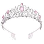 Didder Silver Tiara: Elegant pink crystal crown with combs, perfect for birthdays, weddings, proms, and parties. Suitable for women and girls.