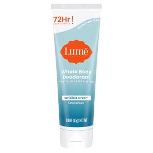 Lume Whole Body Deodorant, Unscented, 3.0 ounce, Invisible Cream Tube, 72 Hour Odor Control, Aluminum Free, Baking Soda Free, Skin Safe