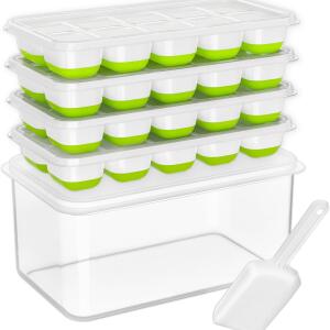 DOQAUS Ice Cube Tray Set: This 4 pack includes silicone and plastic ice cube trays with lids and a storage bin. Designed for easy stacking in the freezer (Green)