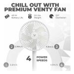 Venty Portable Wireless Battery-Operated Oscillating Rechargeable Remote Control & LED Lighting, Folding Telescopic Camping Fan White with Case