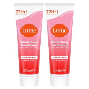 Lume Whole Body Deodorant, Peony Rose, 3.0 ounce (Pack of 2), Invisible Cream Tube, 72 Hour Odor Control, Aluminum Free, Baking Soda Free, Skin Safe