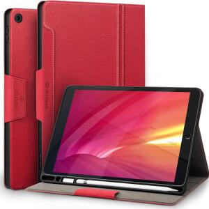 Antbox 10.2 Inch Case for iPad 9th/8th/7th Gen with Pencil Holder Vegan Leather Smart Cover (Red)