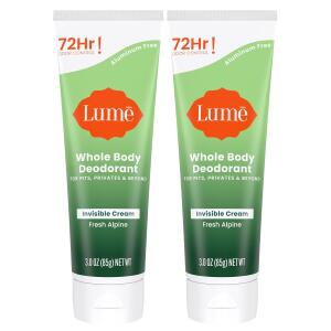 Lume Whole Body Deodorant, Fresh Alpine, 3.0 ounce (Pack of 2), Invisible Cream Tube, 72 Hour Odor Control, Aluminum Free, Baking Soda Free, Skin Safe