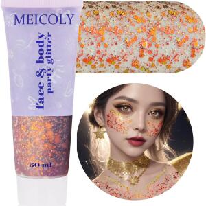 MEICOLY Chameleon Sunset Red Body Glitter (50ml): Chunky, color-changing gel with holographic sequins for face, body, and hair. Ideal for Halloween and festivals.