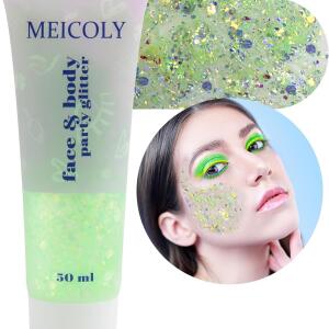 MEICOLY Chameleon Lime Green Body Glitter: Chunky, color-changing glitter gel for mermaid looks. Holographic sequins for face, body, and hair, perfect for Halloween and festival makeup.