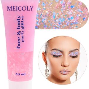 MEICOLY Chameleon Baby Pink Body Glitter: Color-changing glitter from pink to purple. Perfect for festivals, parties, Halloween, and as chunky glitter for face, body, and hair.