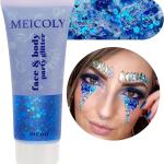 MEICOLY Blue Face Body Glitter: Sparkling mermaid glitter for women, perfect for Halloween, festivals, and patriotic events like Veterans Day and Independence Day face paint.