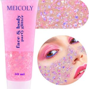 MEICOLY Chameleon Light Pink Body Glitter: Chunky, color-changing glitter gel for mermaid looks. Holographic sequins for face, body, and hair, perfect for Halloween and festival makeup.