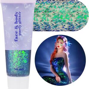 MEICOLY Chameleon Green Body Glitter (50ml): Chunky, color-changing glitter gel for mermaid looks. Holographic sequins for face, body, and hair, ideal for Halloween and festival makeup.