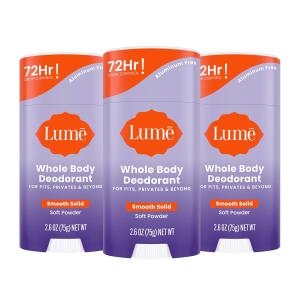 Lume Whole Body Deodorant, Soft Powder, 2.6 Ounce (Pack of 3), Smooth Solid Stick, 72 Hour Odor Control, Aluminum Free, Baking Soda Free and Skin Loving