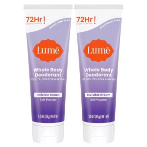 Lume Whole Body Deodorant, Soft Powder, 3.0 ounce (Pack of 2), Invisible Cream Tube, 72 Hour Odor Control, Aluminum Free, Baking Soda Free, Skin Safe