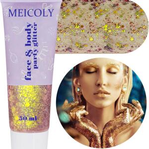 MEICOLY Chameleon Gold Body Glitter (50ml): Chunky, color-changing glitter gel for mermaid looks. Holographic sequins for face, body, and hair, perfect for Halloween and festival makeup.