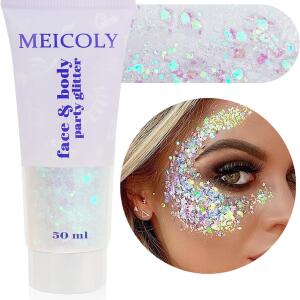 MEICOLY Clear White Body Glitter (50ml): Chunky glitter gel for Mardi Gras, concerts, and festivals. Perfect for Halloween, mermaid looks, and face paint for women.