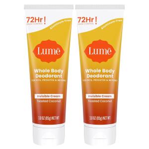 Lume Whole Body Deodorant, Toasted Coconut, 3.0 ounce (Pack of 2), Invisible Cream Tube, 72 Hour Odor Control, Aluminum Free, Baking Soda Free, Skin Safe