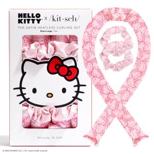 Hello Kitty x Kitsch Satin Jumbo Overnight Heatless Curling Set, Pink Kitty Faces, Hair Rollers and Curling Rod Headband for No Heat Soft Curls