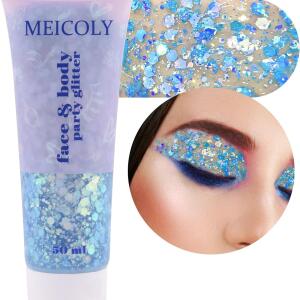 MEICOLY Chameleon Mermaid Blue Body Glitter: Chunky, color-changing glitter gel for mermaid looks. Perfect for Halloween and festivals, with sequins for face, body, and hair.