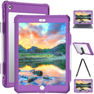 Transy Waterproof iPad 9th /8th/7th Generation Case Built-in Screen Protector Full Body Shockproof Protection Case with Strap (Purple)