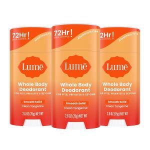 Lume Whole Body Deodorant, 2.6 Ounce (Pack of 3) (Clean Tangerine), Smooth Solid Stick, 72 Hour Odor Control, Aluminum Free, Baking Soda Free and Skin Loving