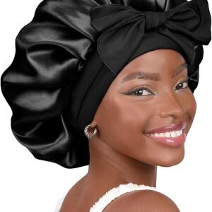 YANIBEST Satin Bonnet Silk Bonnet, Black, for Sleeping Double Layer Satin Lined Hair Bonnet with Tie Band, for Women Curly Hair